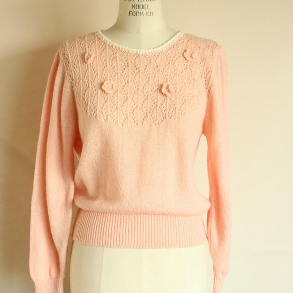 Vintage 1980s Sweater, Rt Mind Pink Pointelle Knit Pullover, Bishop Sleeve - Picture 3 of 10